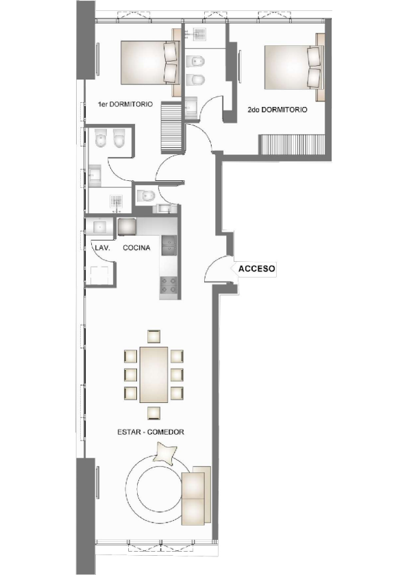 Plano de 2 dormitorios D